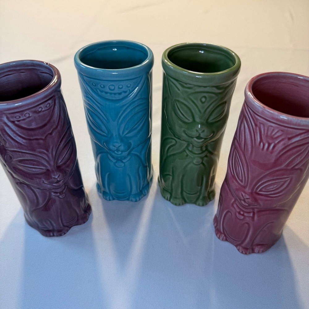 Archie McPhee Ceramic Cat Tiki Mugs Set of 4 Jewel Tones 2016 Barware